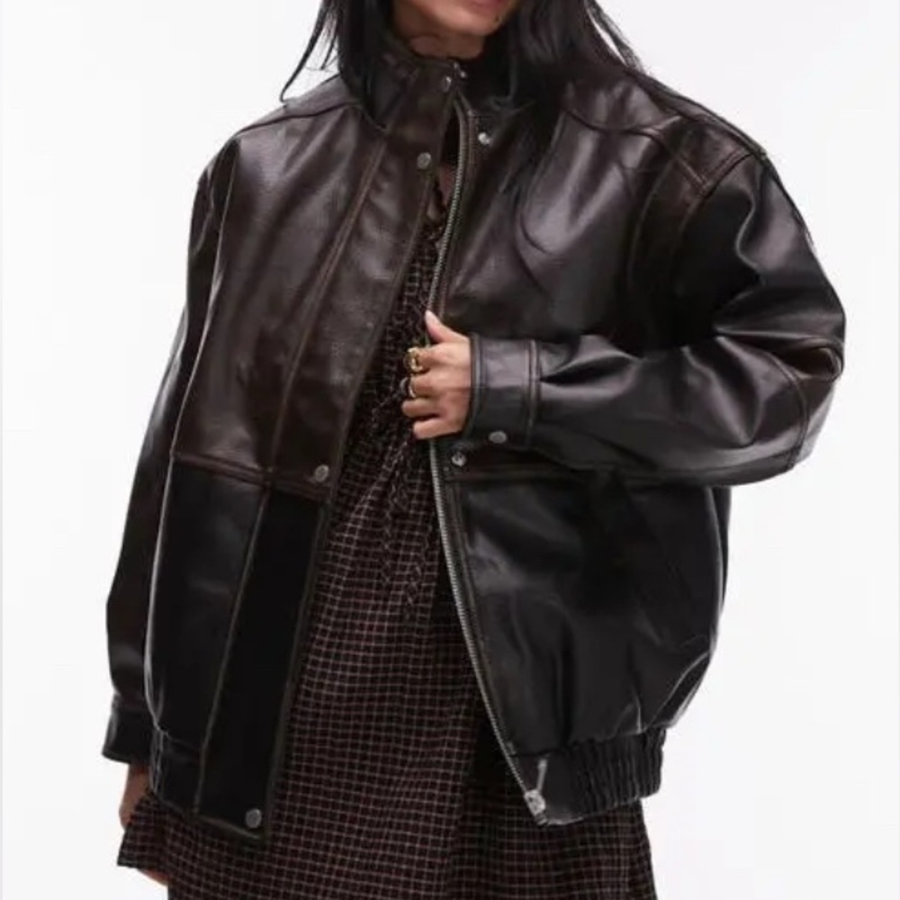 TOPSHOP Oversized Faux Leather Bomber Jacket Black & Brown SIZE M